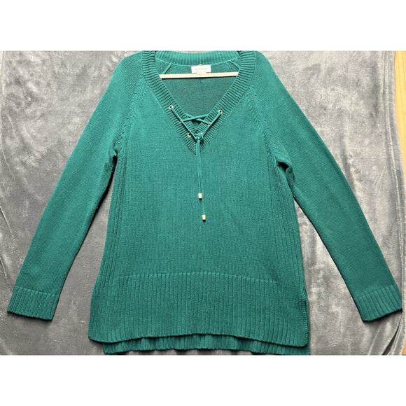 Liz Claiborne Sweater Woman’s XL Green Tunic Lace-Up Neck Holiday Christmas - Picture 1 of 9